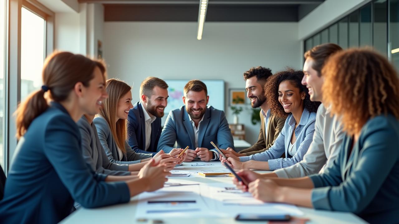 Ein diverses Team lacht und arbeitet kollaborativ an einem Projekt, symbolisierend eine gesunde Unternehmenskultur.