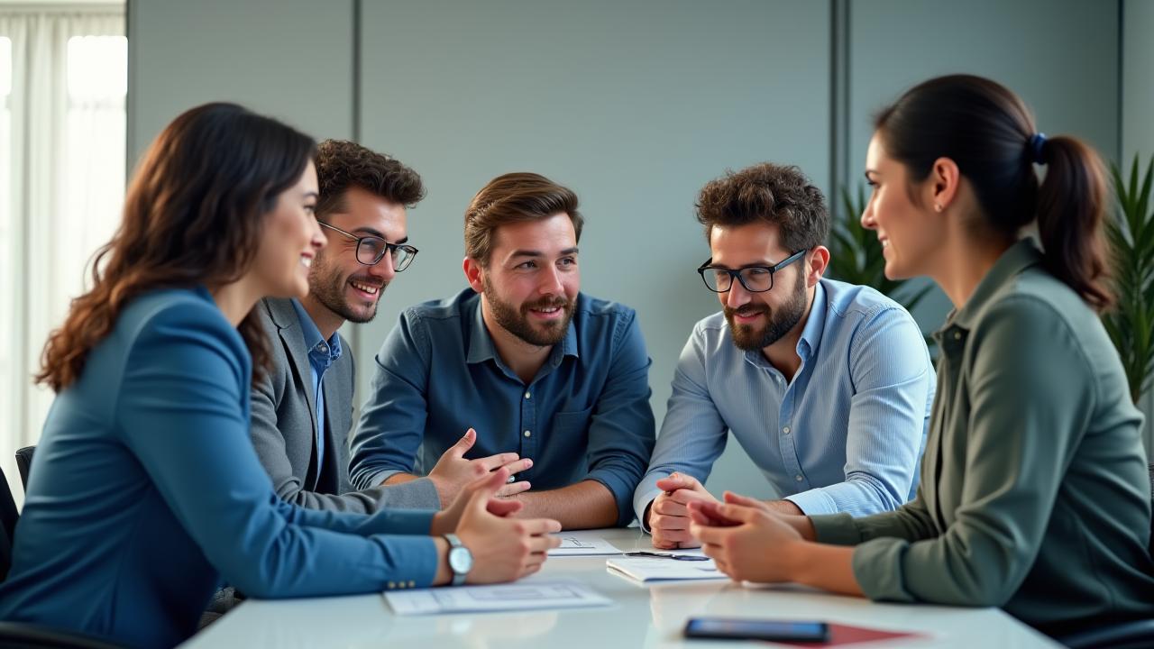 Engagiertes Team in einem Meeting, das Ideen teilt und zusammenarbeitet.