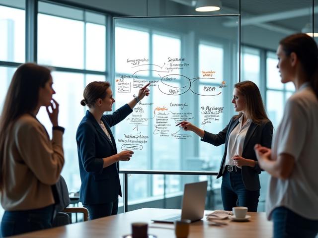 Ein dynamisches Team von Startup-Gründern arbeitet engagiert an einem Whiteboard, visualisiert Ideen und den Weg zum Erfolg.