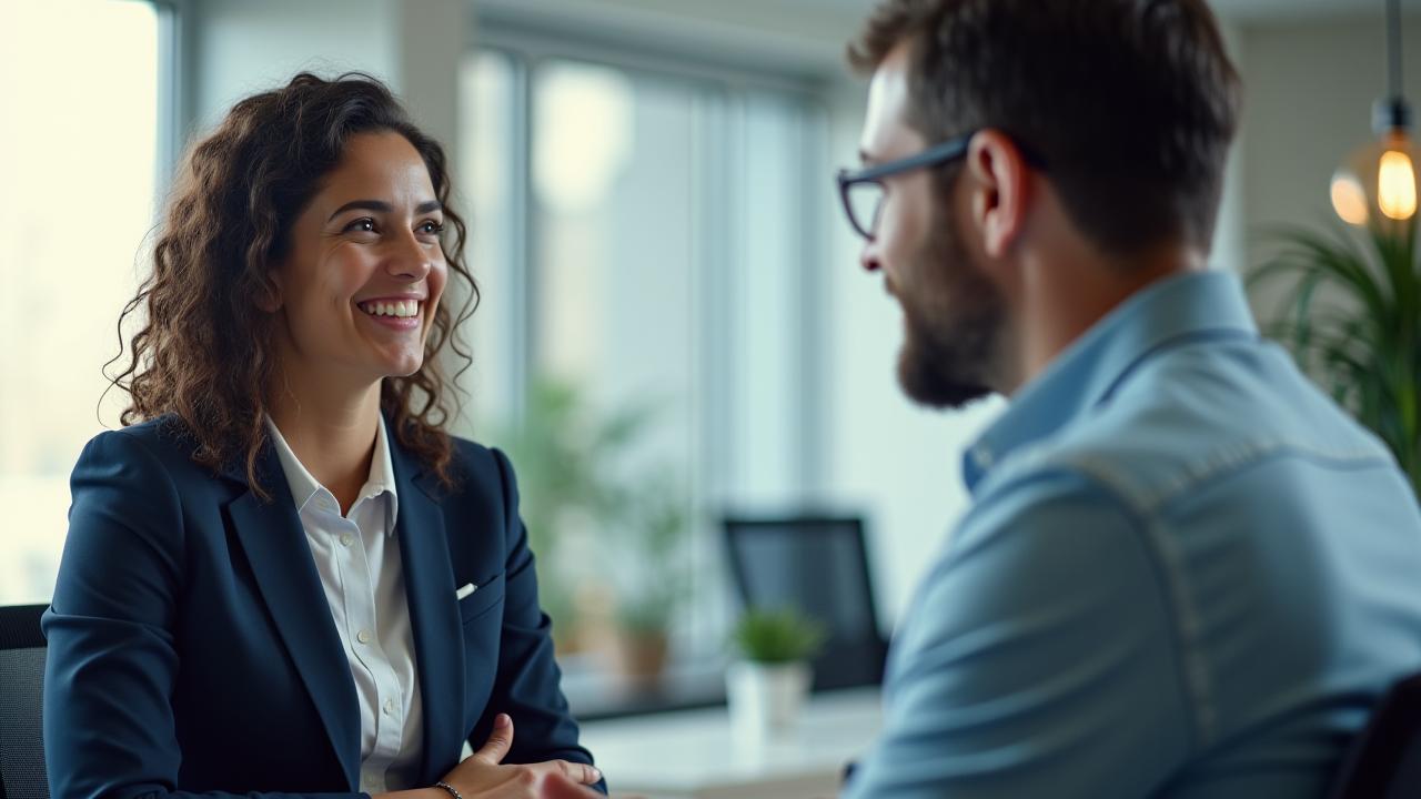 Eine Managerin und ein Mitarbeiter führen ein positives 1-zu-1-Gespräch in einem modernen Büro.